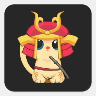 Adesivo Quadrado Samurai Cat Cute Japonês Cosplay Halloween