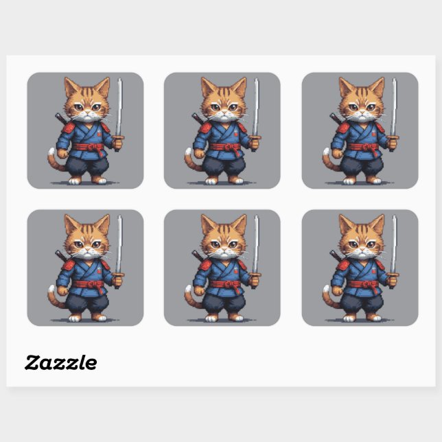 Adesivo Quadrado Samurai Cat Pixel Art (Folha)