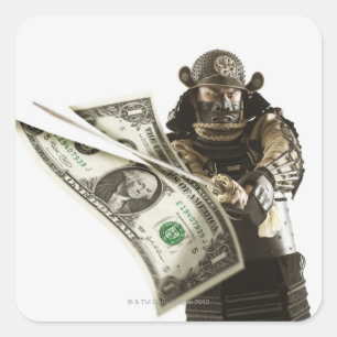 Adesivo Quadrado Samurai que corta a nota de dólar com espada