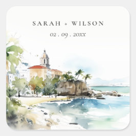 Adesivo Quadrado San Juan Puerto Rico Watercolor Landscape Wedding