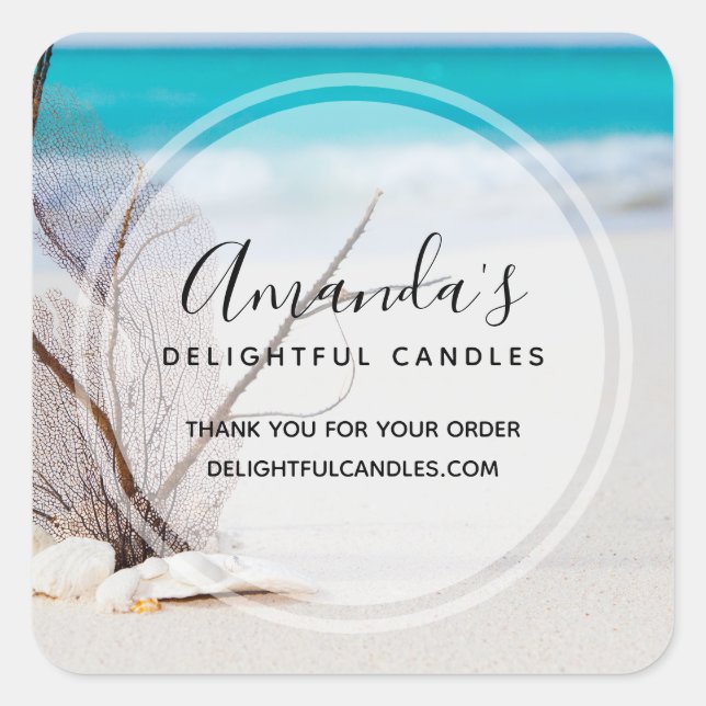 Adesivo Quadrado Sandy Beach com White Seashelds Business (Frente)