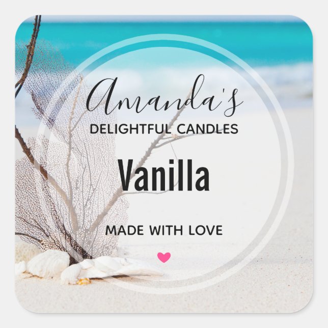 Adesivo Quadrado Sandy Beach com White Seashells Candle Business (Frente)