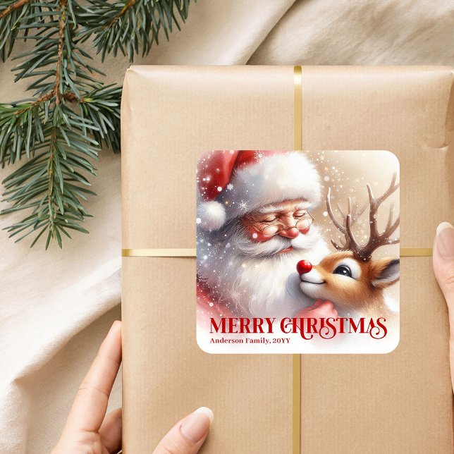 Adesivo Quadrado Santa and Rudolph Personalized Kids Christmas Labe (Santa and Rudolph Personalized Kids Christmas Label)