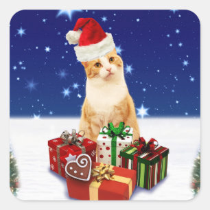 Adesivo Quadrado Santa Claus Cat with Christmas Gift