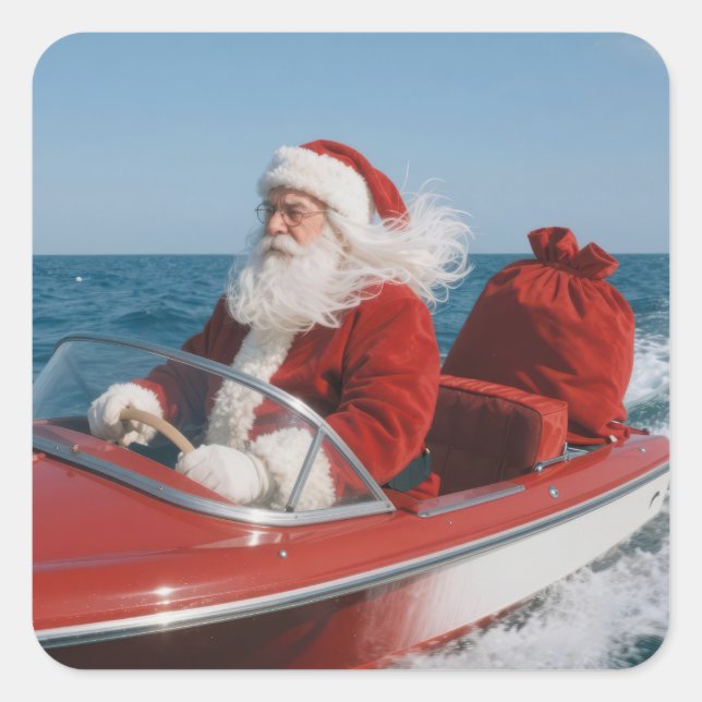 Adesivo Quadrado Santa Claus Delivering Gifts By Speedboat (Frente)