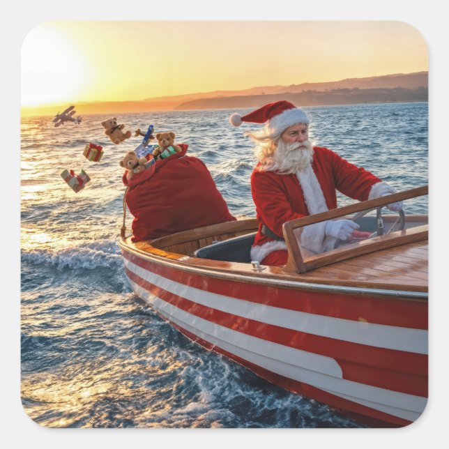 Adesivo Quadrado Santa Claus Driving a Speedboat (Frente)