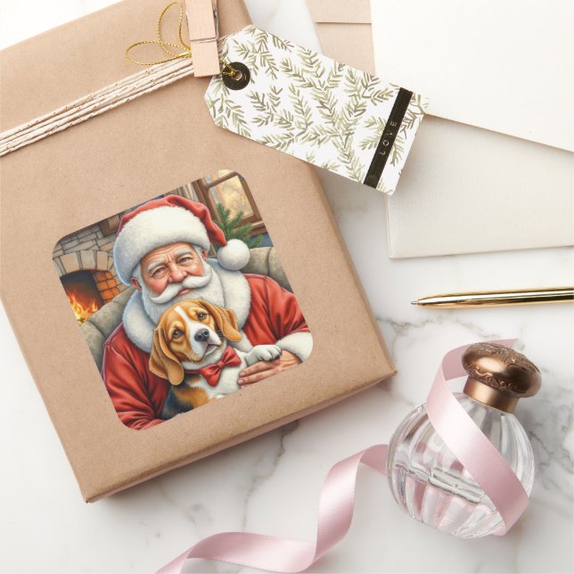 Adesivo Quadrado Santa Claus Holding Beagle Christmas Art (Presentear)