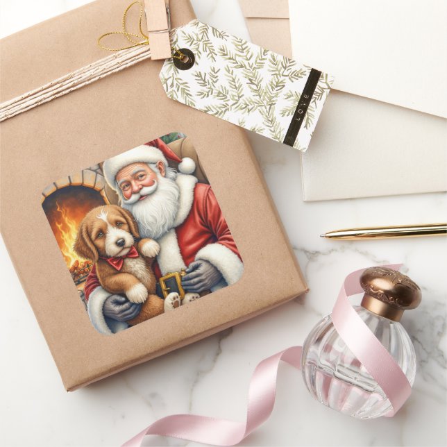 Adesivo Quadrado Santa Claus Holding Bernedoodle Christmas Art (Presentear)