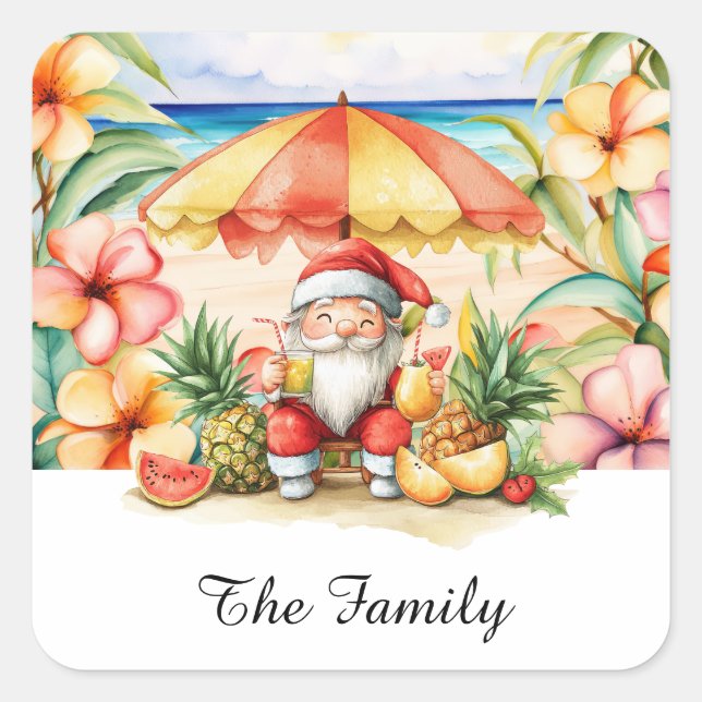 Adesivo Quadrado SANTA CLAUS na praia do Havaí no Natal (Frente)