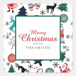 Adesivo Quadrado Santa Claus Reindeer Pine Trees Mittens