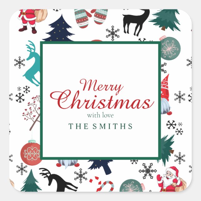 Adesivo Quadrado Santa Claus Reindeer Pine Trees Mittens (Frente)