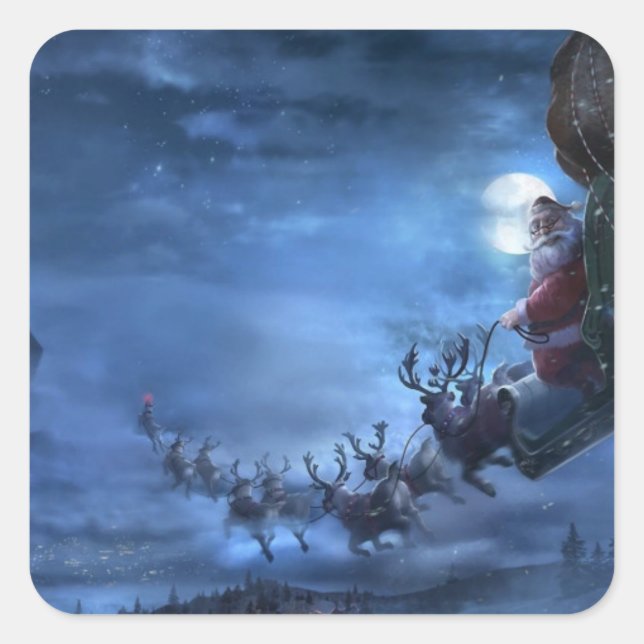 Adesivo Quadrado Santa Claus rides reindeer sleigh (Frente)