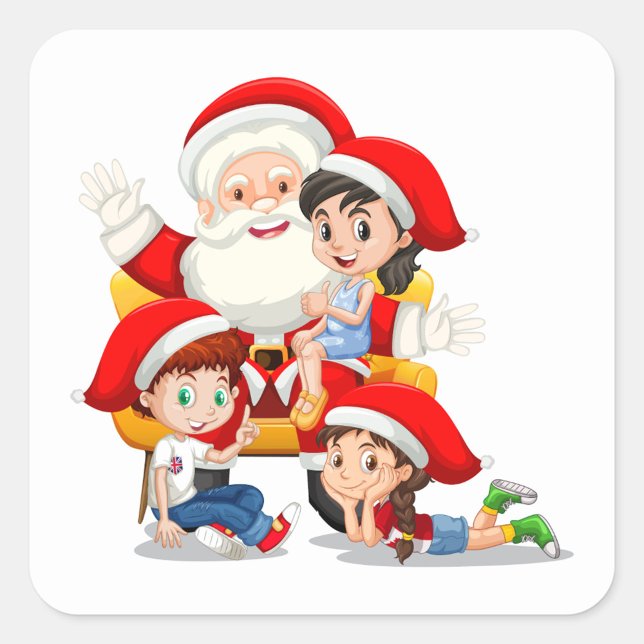 Adesivo Quadrado Santa Claus Sticker (Illustration of Santa Claus sitting on a yellow chair with three children wearing Santa hats.)