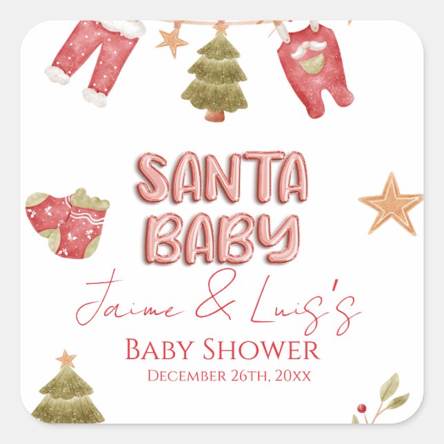 Adesivo Quadrado Santa Girl Boy Holiday Baby Shower   (Frente)