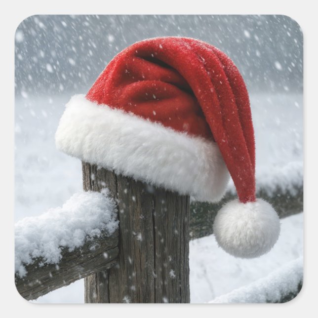 Adesivo Quadrado Santa Hat On a Snowy Fence Post (Frente)