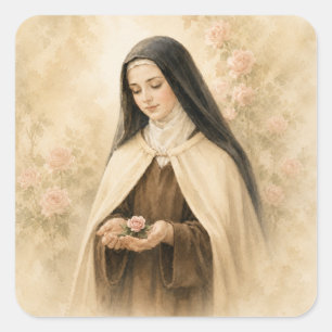 Adesivo Quadrado Santa Teresa de Lisieux Aquarela Rosa Católica