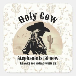 Adesivo Quadrado Santa Vaca Engraçada Vintage Cowgirl 50º aniversár