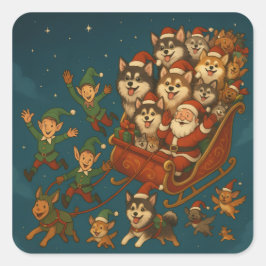 Adesivo Quadrado Santa with joyous pups and elves!