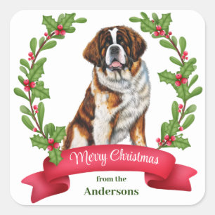 Adesivo Quadrado Santo Bernard Dog Holly Banner Natal