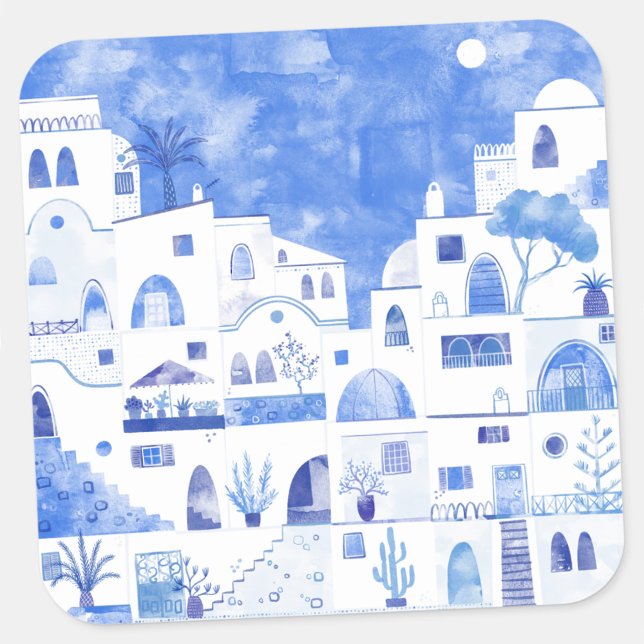 Adesivo Quadrado Santorini Grécia Watercolor (Santorini watercolor sticker)