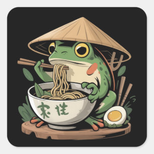 Adesivo Quadrado Sapo Comendo Ramen Kawaii Neko Macarrão Japonês 