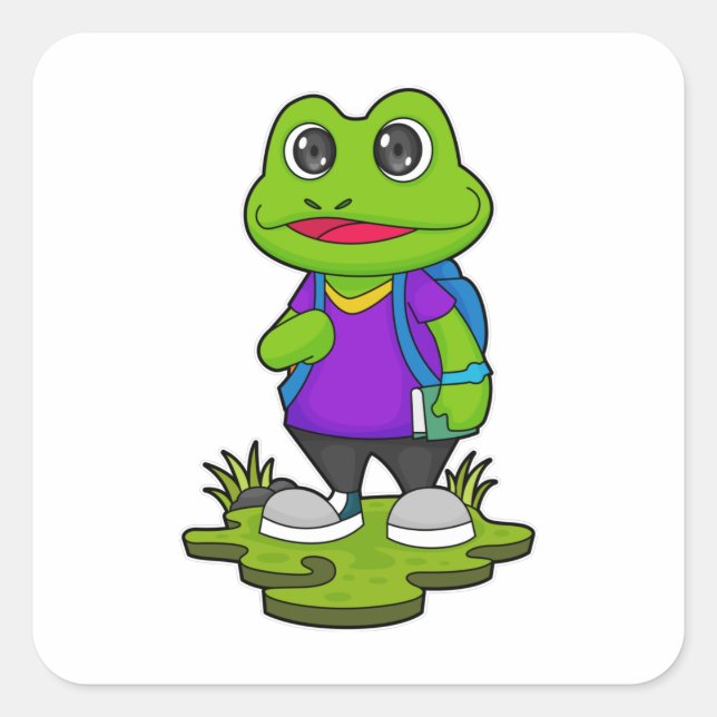 Adesivo Quadrado Sapo como Hiker com Backpack (Frente)