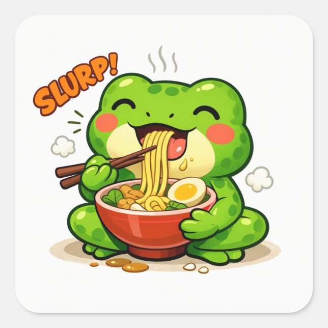 Adesivo Quadrado Sapo Fofo Comendo Macarrão (Frente)