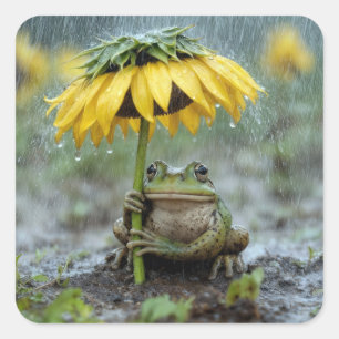 Adesivo Quadrado Sapo sob um guarda-chuva de girassol na chuva