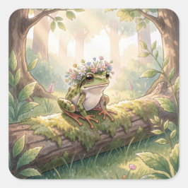 Adesivo Quadrado Sapo Vestindo Coroa Floral na Floresta
