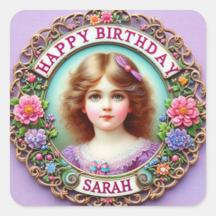 Adesivo Quadrado SARAH ~ FELIZ ANIVERSÁRIO ~ Vintage Girl ~