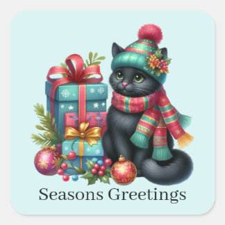 Adesivo Quadrado Sasons saudações Gato de Natal adicionar texto