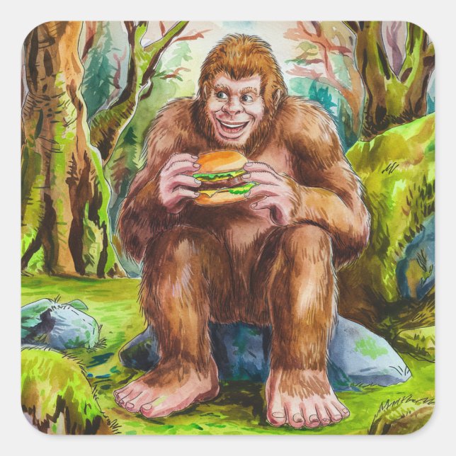 Adesivo Quadrado Sasquatch e Cheesburger em uma Floresta de Mossy (Frente)