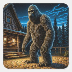 Adesivo Quadrado Sasquatch em frente à Cabina de Log na Floresta