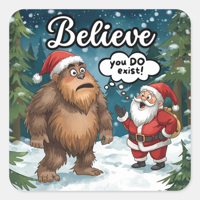 Adesivo Quadrado Sasquatch Meets Santa I Believe Funny Christmas (Frente)