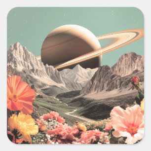Adesivo Quadrado Saturno Surreal Sobre Vale Montanhoso