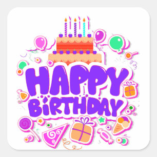 Adesivo Quadrado Saudação Colorida de Feliz Aniversário Com Bolo