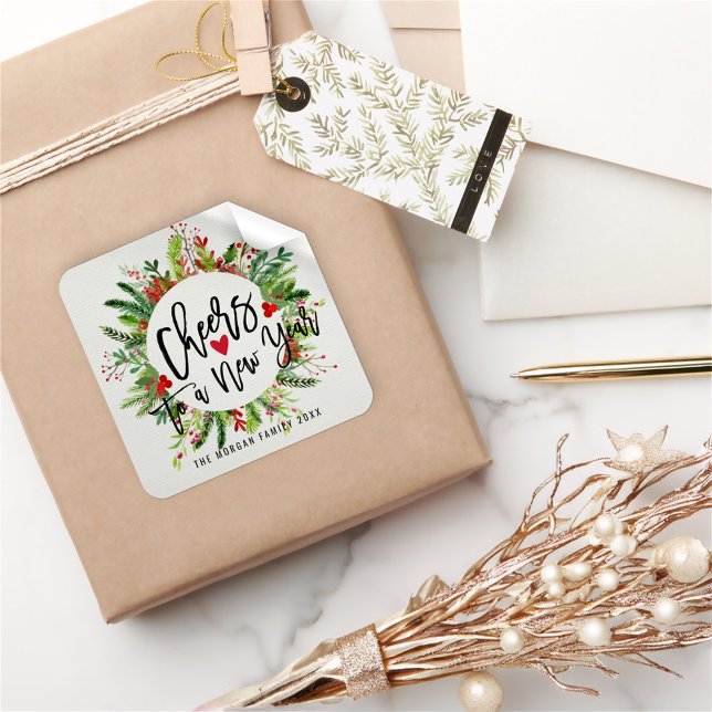 Adesivo Quadrado Saudação de Holly Wreath, Script de Ano Novo (Criador carregado)