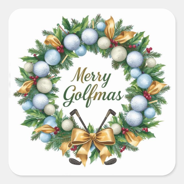 Adesivo Quadrado Saudação de Natal de Golfe com Coroa de Golfe (Frente)
