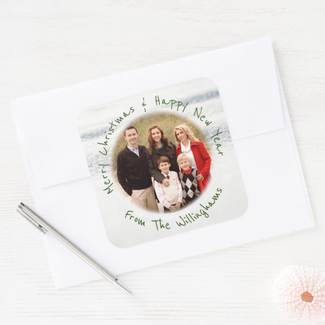 Adesivo Quadrado Saudação Personalizada de Envelope de Foto de Nata (Envelope)