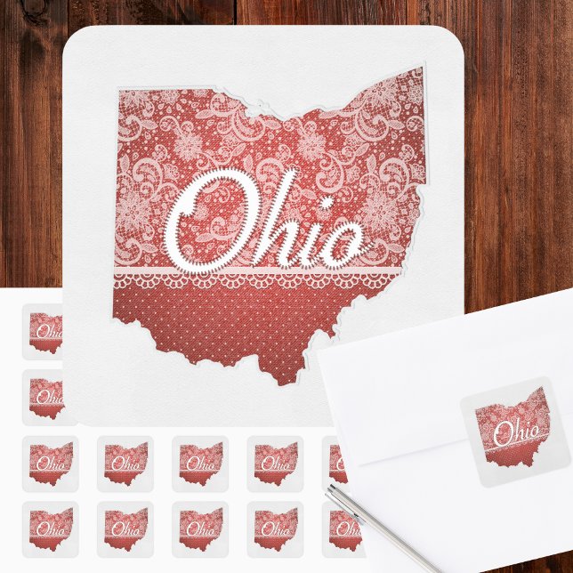 Adesivo Quadrado Saudações do Ohio Stittitked Look (Merry Christmas from Ohio! Seal your holiday greetings or decorate packages with these Ohio stickers)