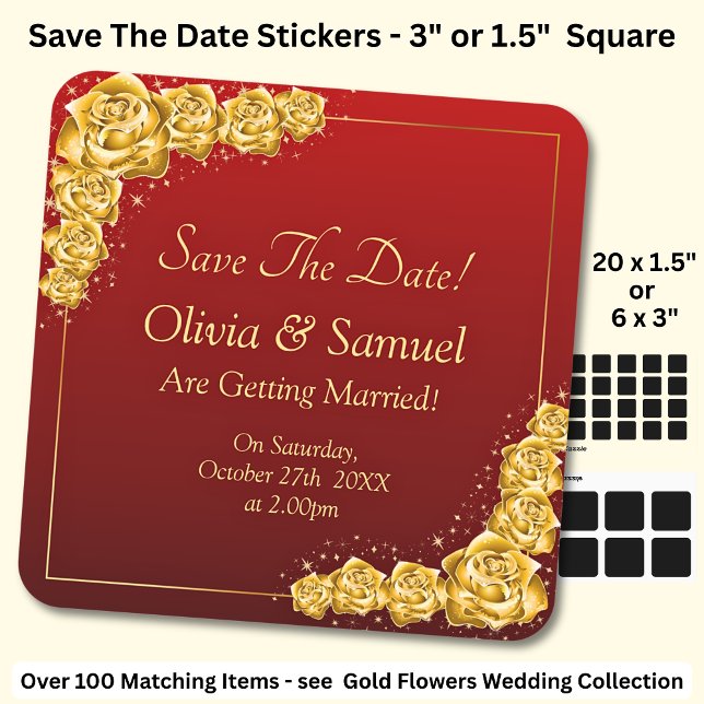 Adesivo Quadrado Save The Date - Gold Flowers Maroon Red  (Criador carregado)