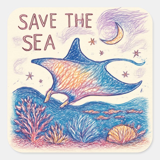 Adesivo Quadrado Save the Sea - Color Pencil Ocean Art (Frente)