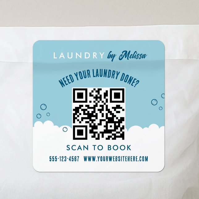Adesivo Quadrado Scan To Book Laundry Service Blue & White QR Code (Modern laundry service marketing stickers with scannable QR code)