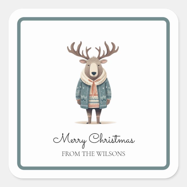 Adesivo Quadrado Scandi Reindeer Vestindo um Casaco Sticker (Frente)