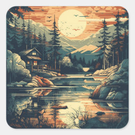 Adesivo Quadrado Scandinávia Retro Art Mountain Home