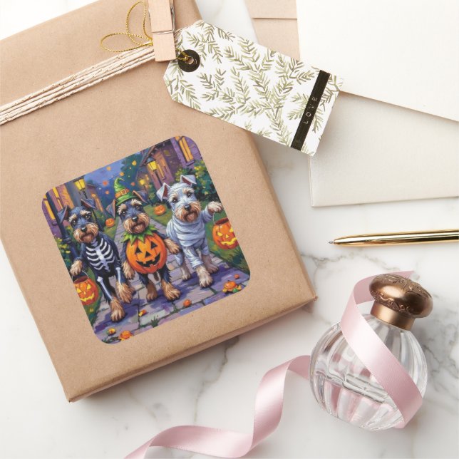 Adesivo Quadrado Schnauzer Trick-or-Treating in Halloween Costumes (Presentear)
