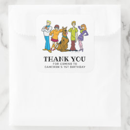 Adesivo Quadrado Scooby-Doo e Gang Aniversário Obrigado