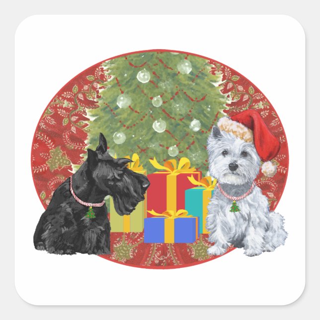 Adesivo Quadrado Scottie & Westie Christmas (Frente)