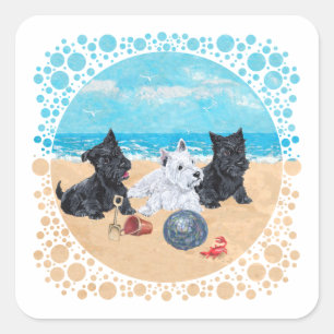 Adesivo Quadrado Scottie & Westie Pups na praia