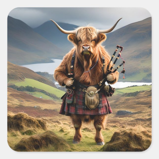 Adesivo Quadrado Scottish Highland Cow Bagpiper, (Frente)